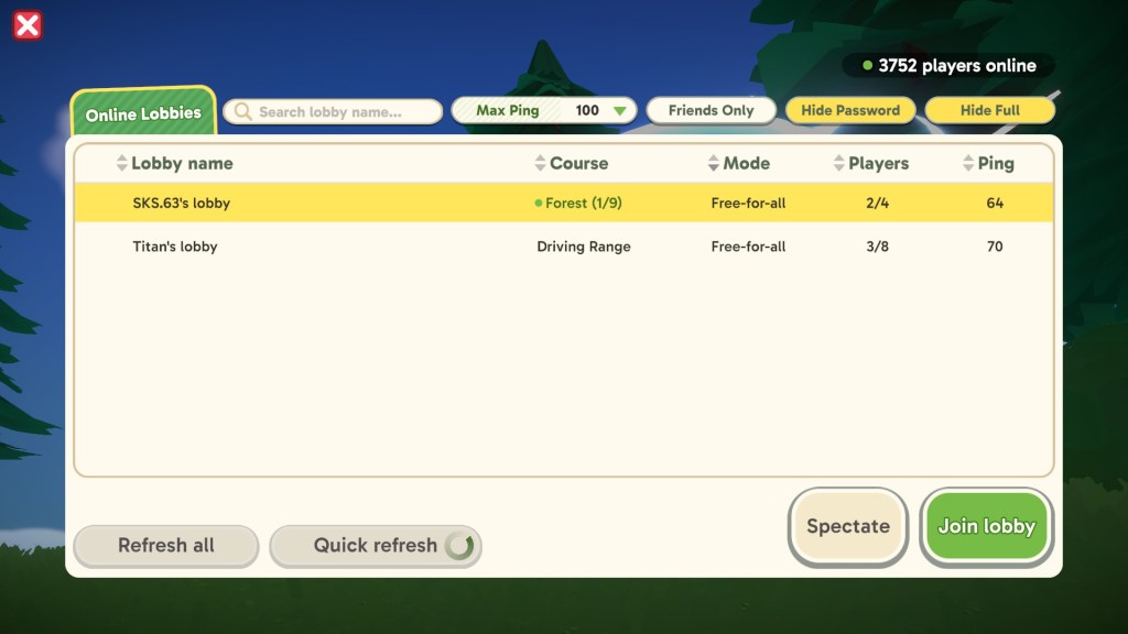 Lobby screen in Super Battle Golf