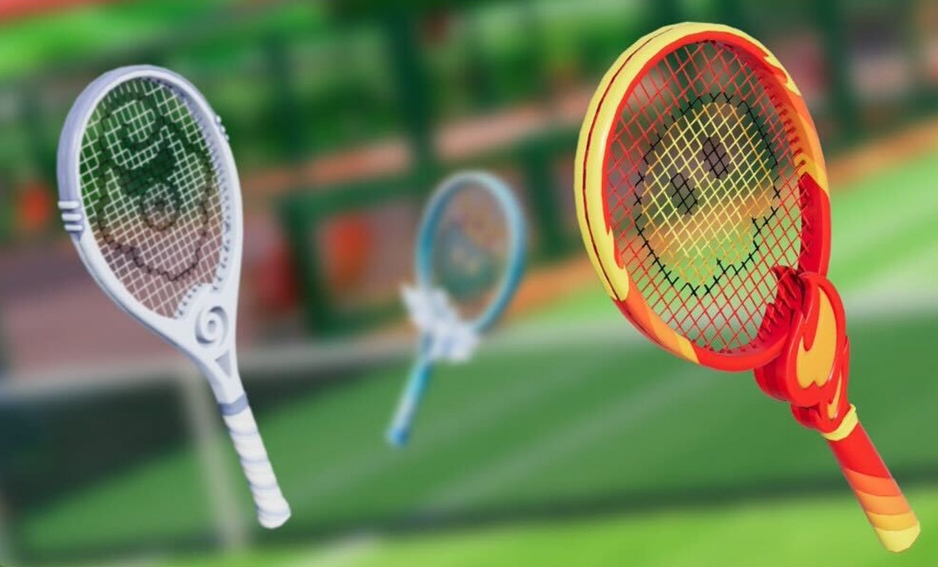A screenshot from Mario Tennis Fever showing three different colorful Fever Rackets against a blurry tennis court background.
