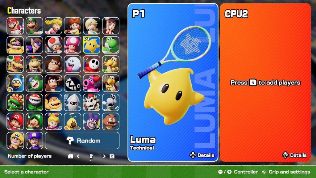 The character selection screen showing the player in Mario Tennis Fever selecting Luma as their character. All the other playable characters are on the right.