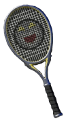 A silver and yellow racket from Mario Tennis Fever with a smiling metallic creature