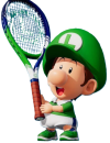 A baby version of Luigi holding a tennis racket.
