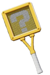 a yellow square Tennis racket with a question mark in the strings.