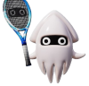A white squid creature, blooper, holding a tennis racket