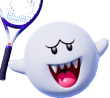 Boo, a round ghost with a blue tennis racket.