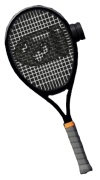 A black tennis racket with a bullet in the strings.