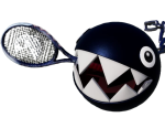 A giant, bowling-ball like black ball with massive white teeth and a shark eye.