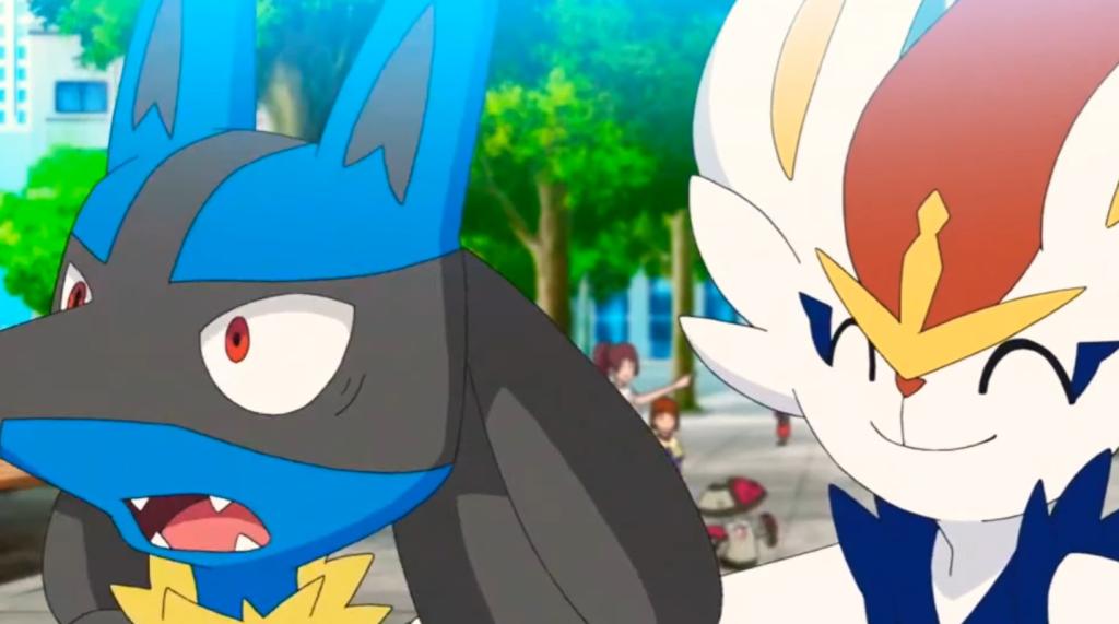 Cinderace pats on the back of Lucario whose eyes are wide open in shock
