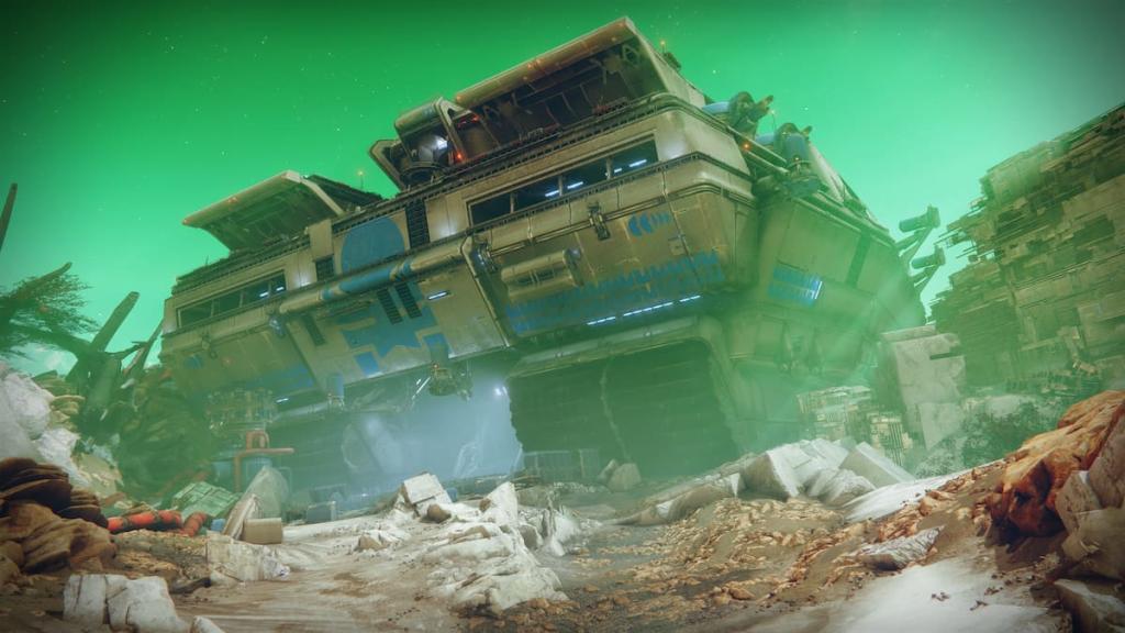 A shot of Nessus in Destiny 2, with the colossal Cabal land tank, the Halphas Electus, in sight. 