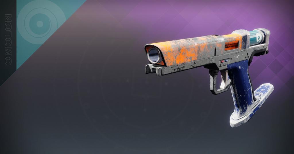 The Evening SI4 sidearm in Destiny 2, seen in collections. It uses the base ornament and shader, whikc has a worn tint in orange and blue.