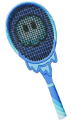 A blue racket from Mario Tennis Fever with a blue icy creature in the strings