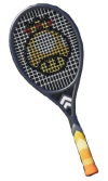 A dark-colored racket with a golden mushroom wearing a crown design on the strings.