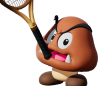 A brown mushroom character with a tennis racket in his mouth.