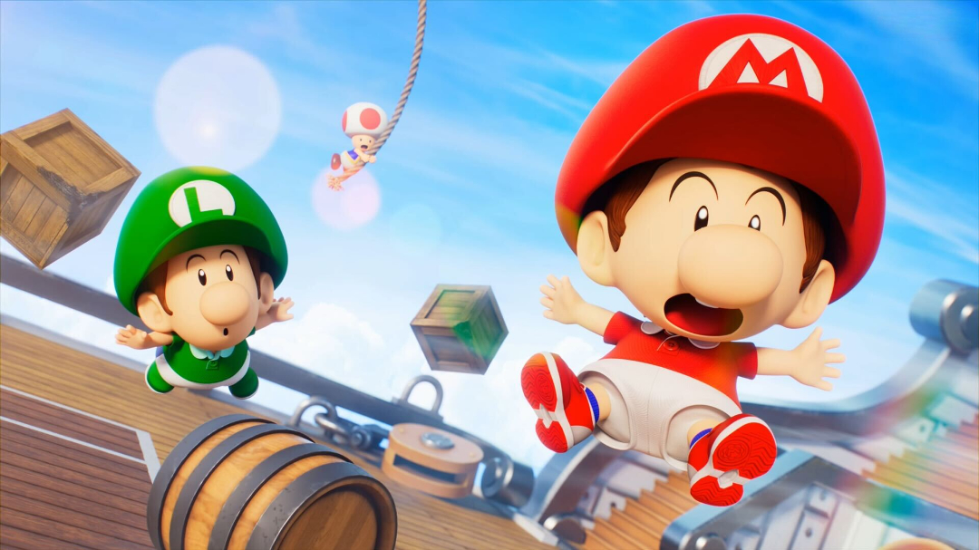 Baby Mario and Baby Luigi hover in the air with surprised looks on their faces.