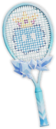 A blue and white Tennis racket with a blue cloud and a gold crown design in the strings