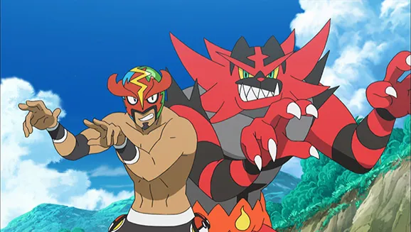 Incineroar and a masked man stand back to back with their arms up, thriller style.