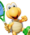 A yellow turtle with green shoes holding a green tennis racket