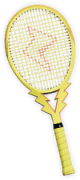 A yellow tennis racket with a lightning bolt design in the strings