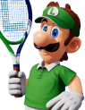Luigi wearing a green collared shirt and tennis visor in Mario Tennis Fever.