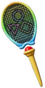 A rainbow tennis racket with a circle, square, and triangle design in the strings.