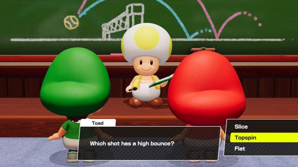 Baby Mario and Baby Luigi face Professor Toad while he asks:  “Which shot has a high bounce?” 