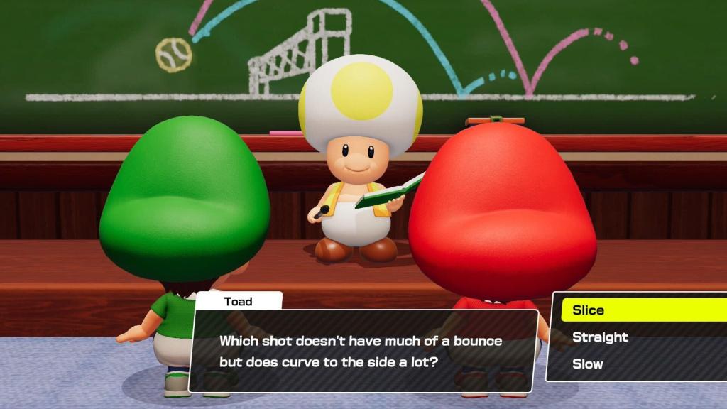 Baby Mario and Baby Luigi face Professor Toad while he asks: “Which shot doesn’t have much of a bounce but does curve to the side a lot?” 
