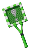 A square tennis racket with white and green checkerboard patterns. A white exclamation point design is in the green strings.
