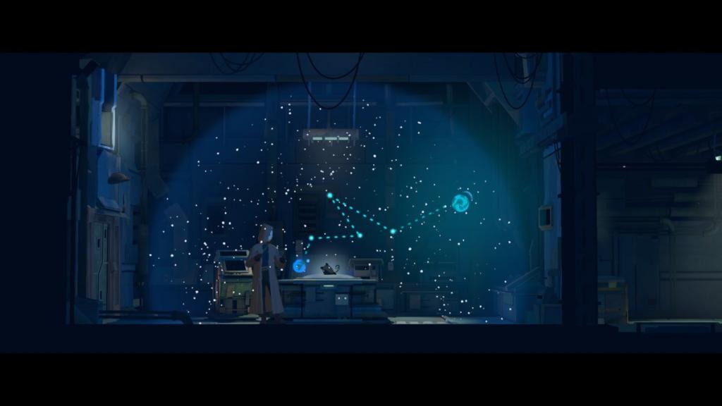 Mui on a table being tested by a human, where a course plotted to Novo is revealed