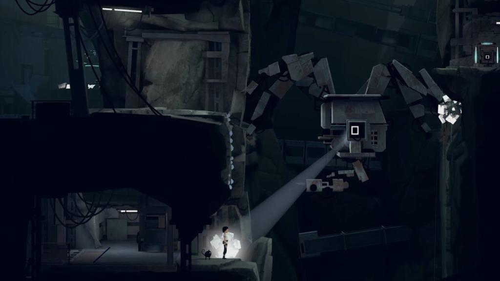 Giant crab-like robot with spotlight pointing at Lana in underground section of Planet of Lana 2