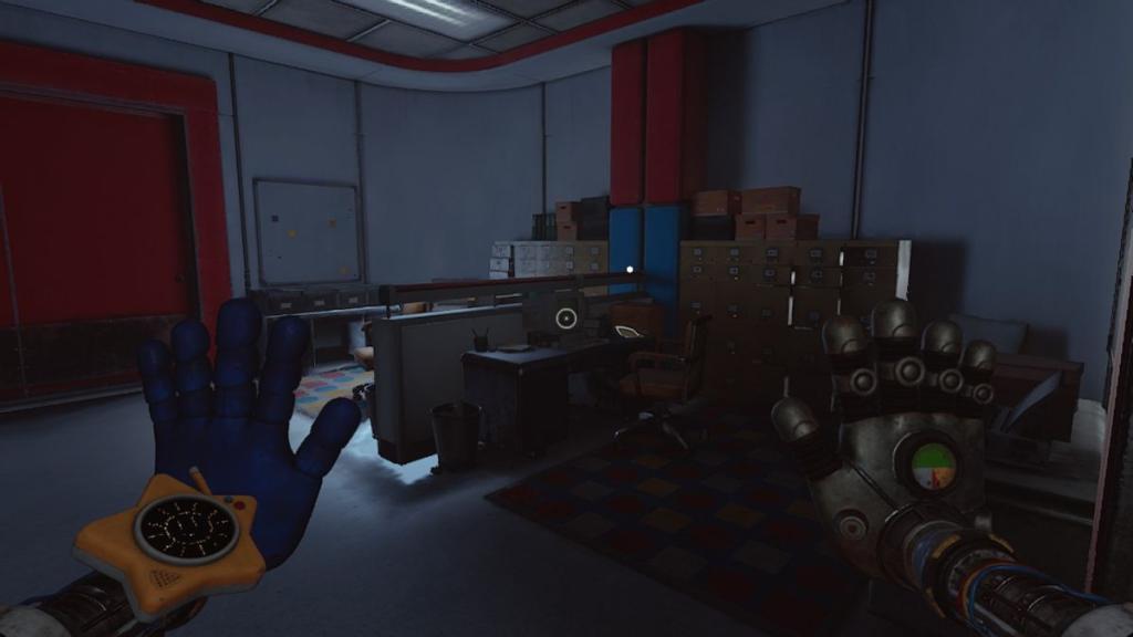 Note on cubicle table with office chair and lockers nearby