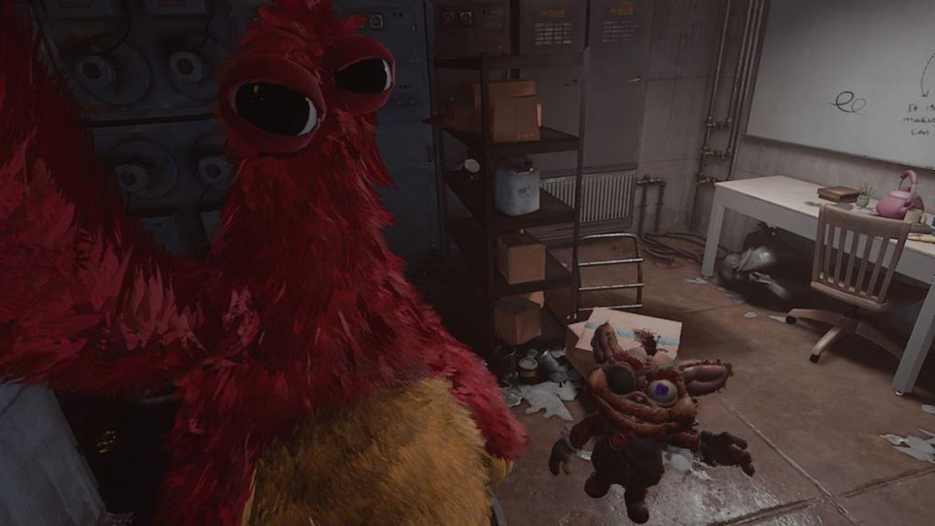 Protag being held up by Chum Chompkins with Giblet beside him