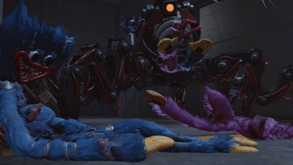 Kissy Missy lying on floor, reaching out for slumped Huggy Wuggy