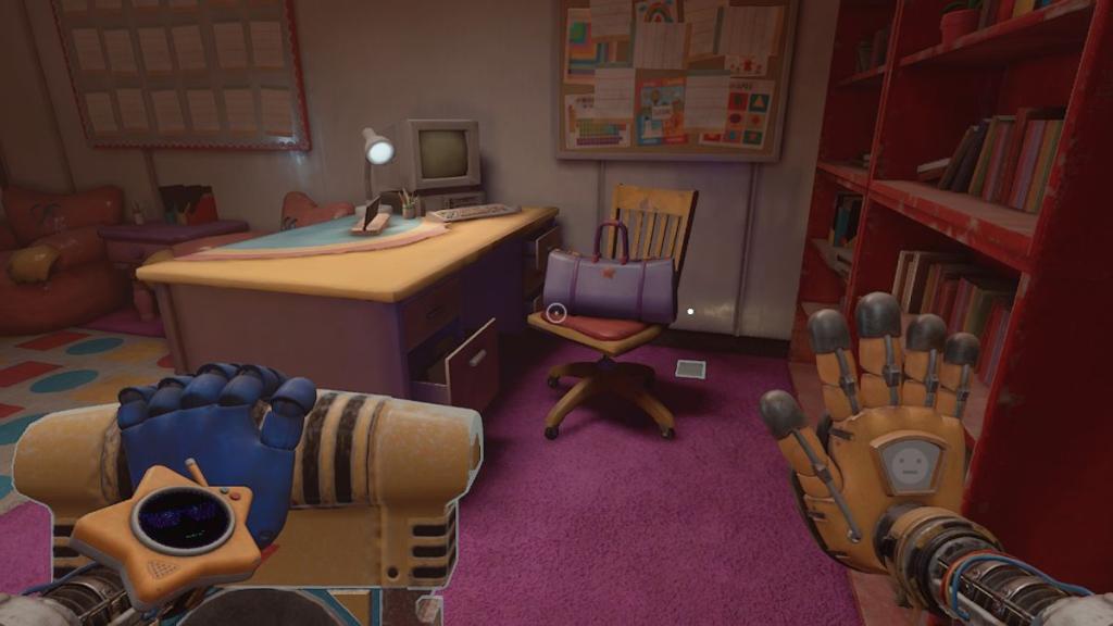 Note behind chair with duffel bag and office table lit by desk lamp