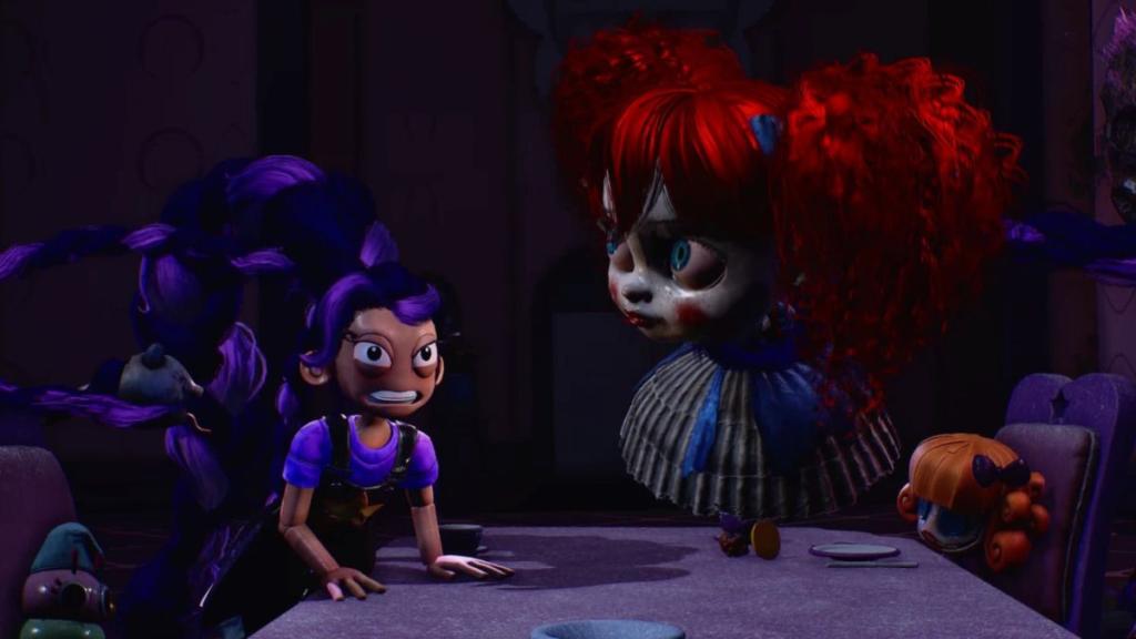 Poppy being held up by Lily Lovebraid's hair in Poppy Playtime Chapter 5