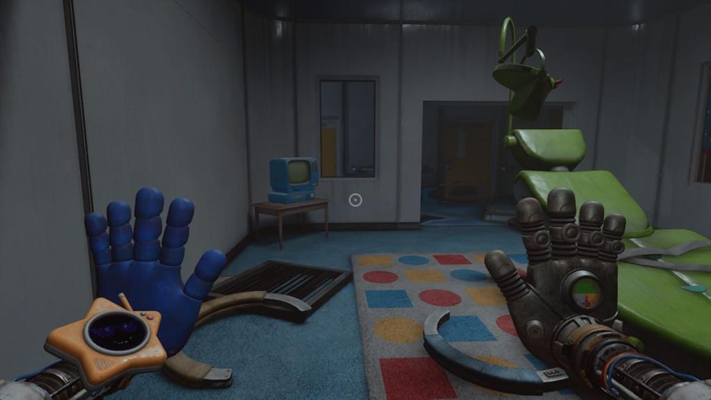 Blue tv set next to conditioning chair at end of dark corridor
