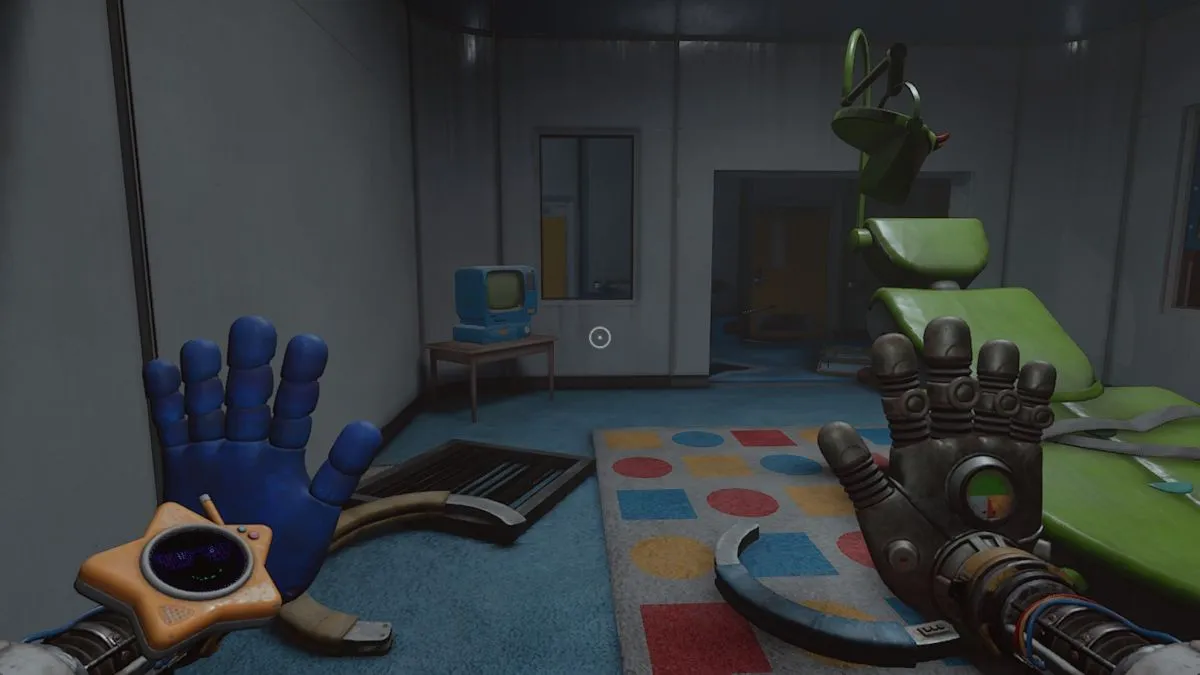 Blue tv set next to conditioning chair at end of dark corridor