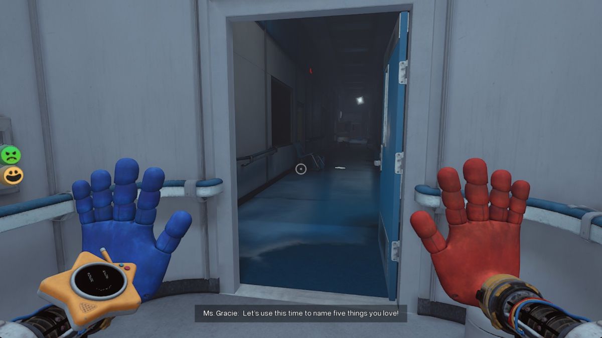 Looking in dark corridor, next to cartoon emotion doorpad