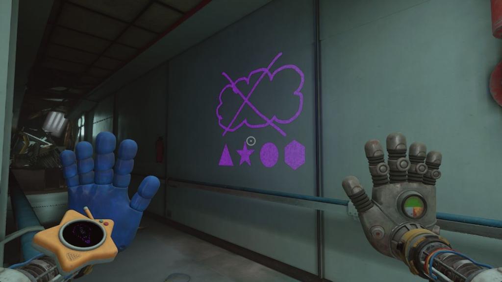 UV light hint on wall with triangle, star, circle, and hexagon and crossed out cloud above it