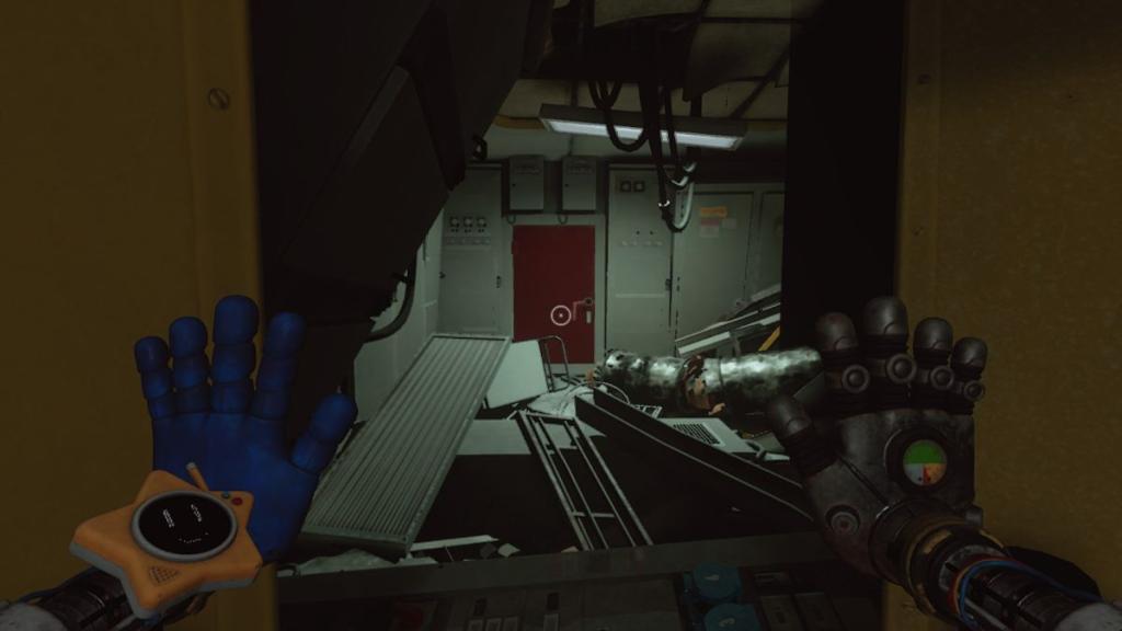 Looking at a red door near the red smoke and pirate ship room