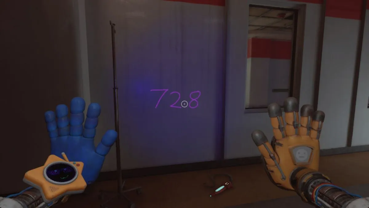 Code 728 in UV light on wall with locked cabinet that has red tape inside