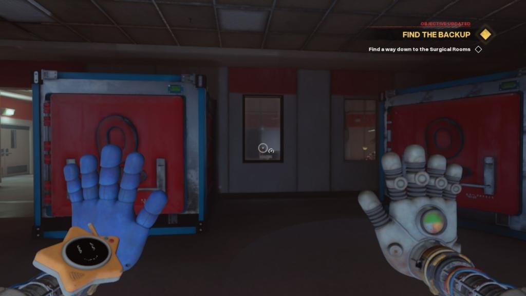 Looking at cracked window above Grand Stitchery to access surgery room for red tape