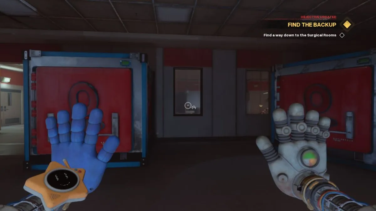 Looking at cracked window above Grand Stitchery to access surgery room for red tape