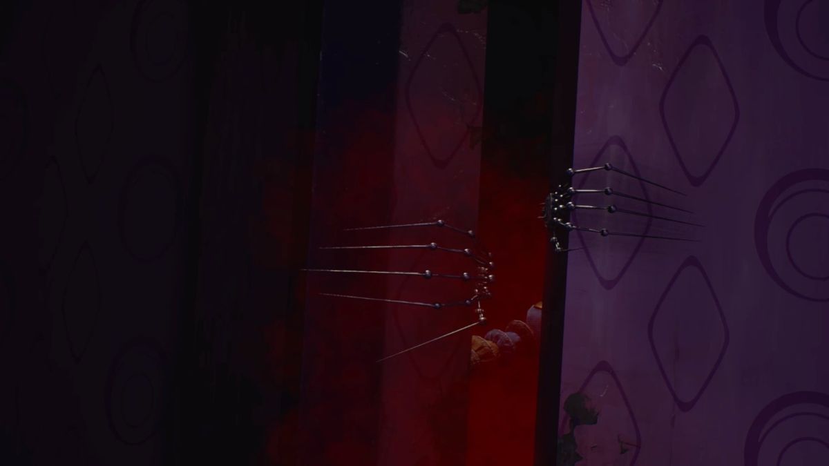 The Prototype's metal hands opening a secret passage in Lovebraids' mansion