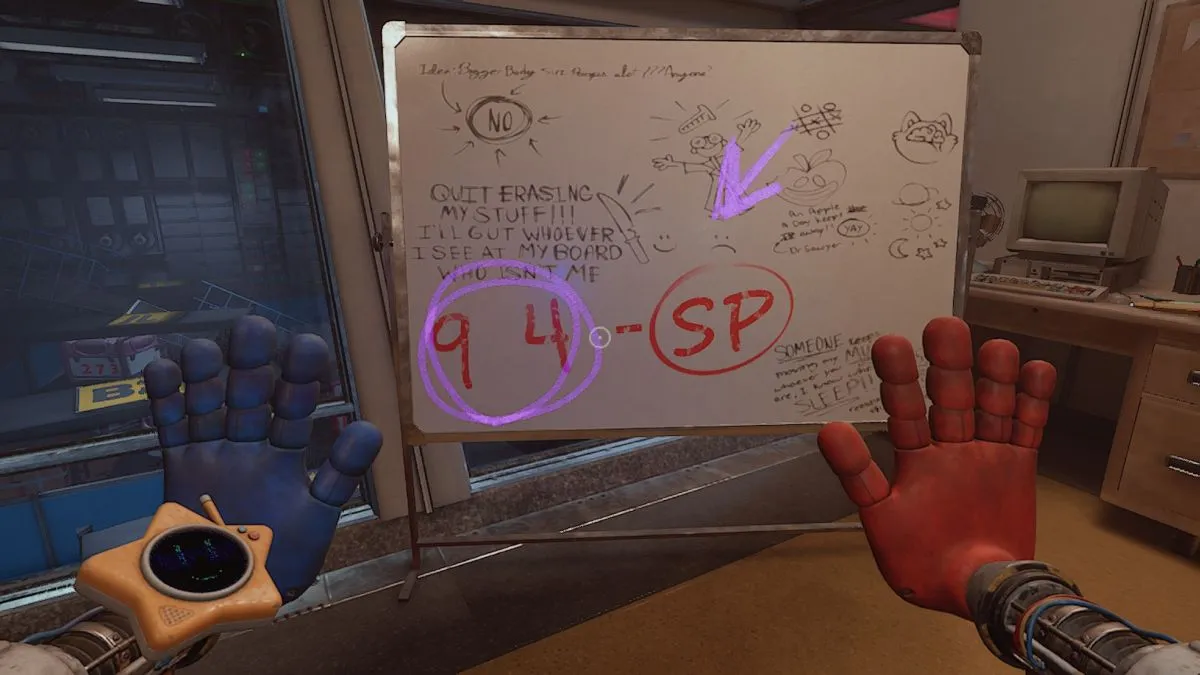 Whiteboard with 9-4 circled in invisible ink using UV light to see it