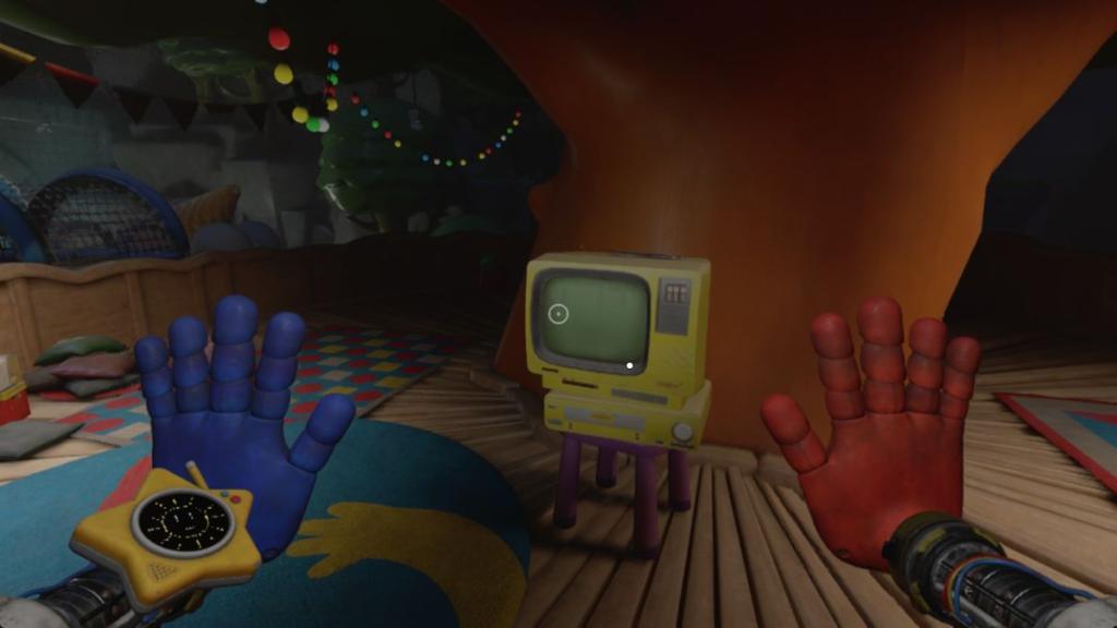 Yellow tv set on wooden platform atop large tree next to climbing frame playground