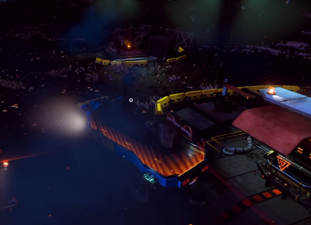 Parking the Exocraft in the Waste processing plant in No Man's Sky