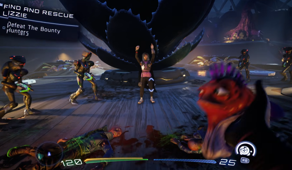 Lizzie surrounded by the bounty hunters in High on Life 2