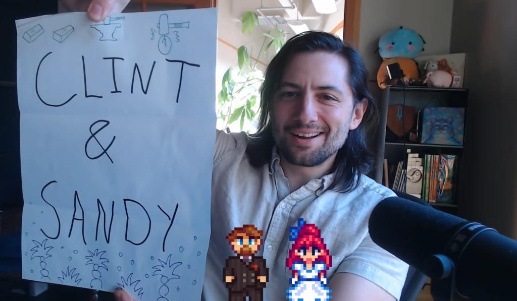 A screenshot from ConcernedApe showing a piece of paper with "Clint and Sandy" written on it