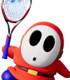 A short stocky character wearing a white mask holding a red tennis racket.