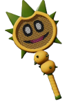 The Spiky Racket in Mario Tennis fever, a yellow and green racket with spiky balls on the handle.