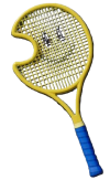 A racket whose head is shaped like a crescent moon with a smiley face in the strings.